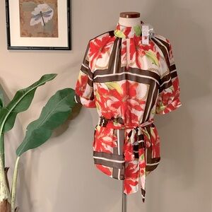 NWT 7th Avenue Design Studio NY&C Floral High Neck Belted Blouse, Sz Small Tall